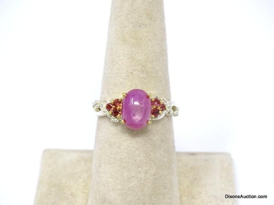 .925 GORGEOUS HEATED PINK RUBY CABOCHON RING WITH SIDE RHODOLITE TOURMALINE. SIZE 7.25. NEW! SRP
