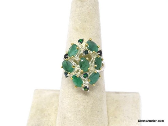 .925 AAA BEAUTIFUL AFRICAN UNHEATED GREEN EMERALD RING WITH DIAMOND CUT BLUE SAPPHIRES. SIZE 7. NEW!