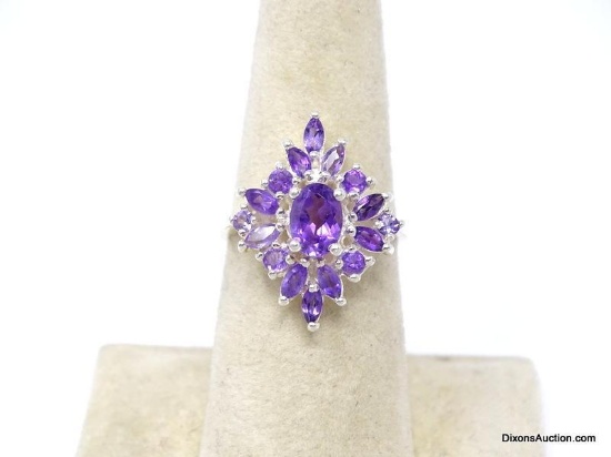 .925 AAA 2.25CT TOTAL WEIGHT GORGEOUS NATURAL PURPLE AMETHYST OVAL AND MARQUISE CUT RING. SZ 6.75.