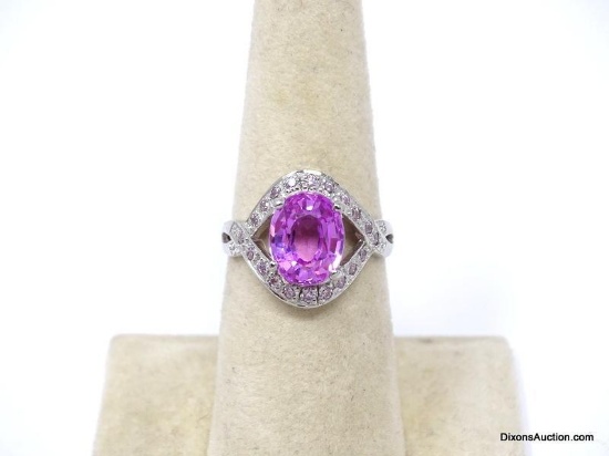 .925 AAA QUALITY GORGEOUS NOT ENHANCED AFRICAN OVAL 4.10 CT PLATINUM PINK TOURMALINE RING WITH 20