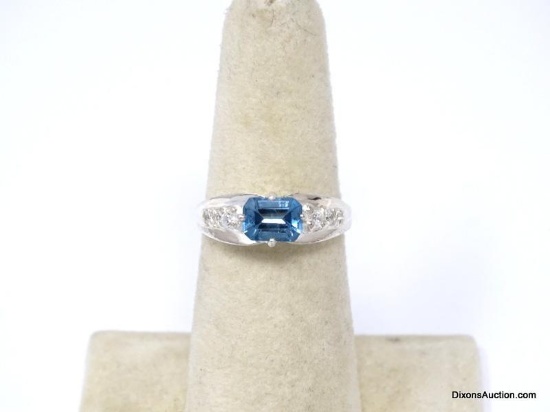 .925 AAA QUALITY GORGEOUS OVAL FACETED LONDON BLUE EMERALD CUT GEMSTONE RING WITH CZ ACCENTS. SIZE