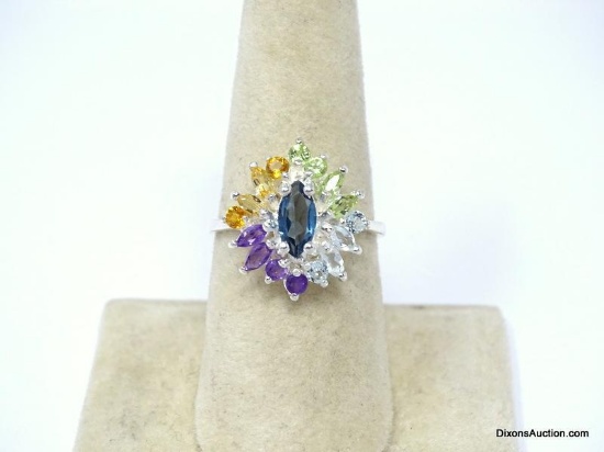 .925 AAA TOP QUALITY GENUINE MARQUISE CUT NATURAL LONDON BLUE TOPAZ CENTER STONE RING WITH PERIDOT,