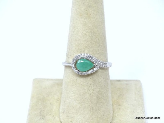 .925 AAA GORGEOUS UNHEATED 5 X 7 DIAMOND SHAPE AFRICAN FACETED EMERALD RING WITH CZ ACCENTS. SIZE