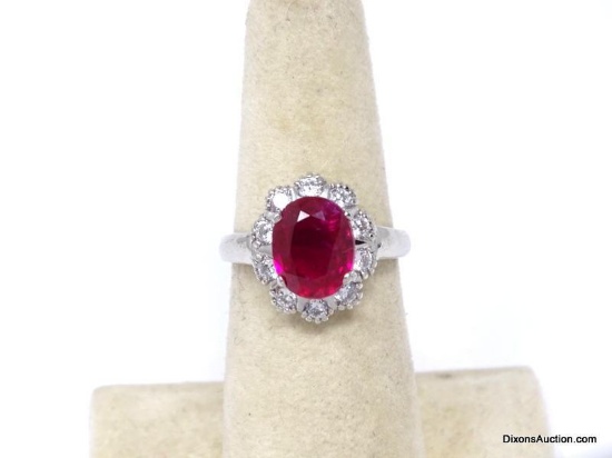 .925 AAA TOP QUALITY 3.90 CT FACETED MADAGASCAR RED RUBY CENTER PINKISH RED STONE RING WITH DIAMOND