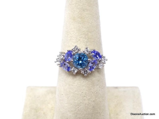 .925 AAA TOP QUALITY LONDON BLUE TOPAZ CENTER STONE RING WITH NATURAL BLUE VIOLET TANZANITE AND