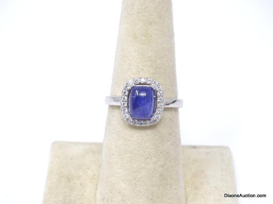 .925 AAA UNHEATED 8 X 6 MM AFRICAN TANZANIA ANTIQUE CUT NATURAL TANZANITE RING WITH CZ'S. 14KT WHITE