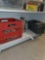 SHELF LOT OF MISC ITEMS, GREY TOOL BOX WITH CONTENTS, ROUNDUP EXTENDED CONTROL, AND A RED CRATE OF