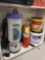 SHELF LOT OF MISC ITEMS, PRO TEAM BACK PACK VACUUM SUPER COACH, FIRE EXTINGUISHER 1994 INSPECTION