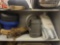 SHELF LOT OF ASSORTED OUTDOOR ITEMS. INCLUDES: A PLASTIC WATERING CAN, ANTIQUE YOKE, 5 SMALL PLASTIC