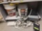 SHELF LOT OF ASSORTED ITEMS TO INCLUDE: 4.68 GAL BUCKET OF OLYMPIC MAXIMUM WHITE BASE STAIN &