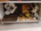 SHELF LOT TO INCLUDE 4 PC. DECORATIVE WOOD CAR/TRAIN/BOAT MINI SET, WHITE FLOWER PAINTING ON BLACK