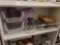 SHELF LOT TO INCLUDE 7 VARIOUS SIZE GLASS CASSEROLE DISHES, 2 TIER WHITE METAL STORAGE BASKETS,