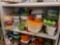 SHELF LOT TO INCLUDE VARIOUS SIZE CASSEROLE DISHES (SOME WITH LIDS), PLASTIC FOOD STORAGE