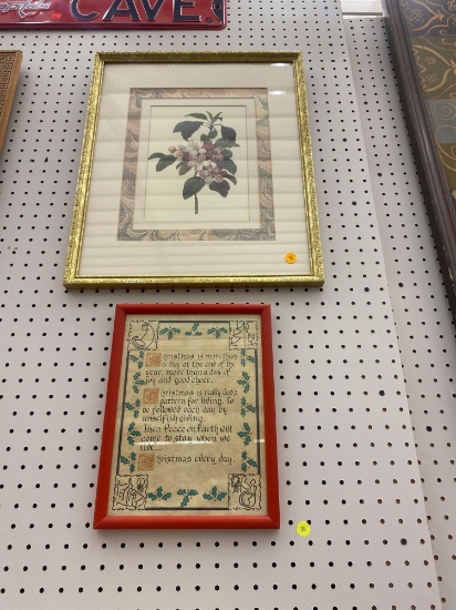 LOT OF TWO FRAMED PRINTS ONE IS A GOLD TONE FLORAL PRINT AND THE OTHER IS A CHRISTMAS SCRIPTURE