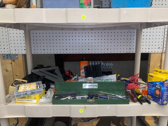 SHELF LOT OF ASSORTED TO INCLUDE AMES POCKET DIGITAL MULTIMETER NEW IN BOX, TRANSFER PUNCH SETS, AN