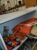 SHELF LOT OF MISC ITEMS, LIFE PRESERVERS, LARGE ZIP TIES, ELECTRIC CABLE, FIRESIDE SUPREME FIRELOG,