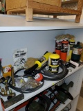 SHELF LOT OF MISC ITEMS, BERNZ O MATIC FAT BOY, OXYGEN, MAPP GAS, COLMAN PROPANE, BRASS FITTINGS,