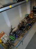 SHELF LOT OF MISC TOOLS, C-CLAMPS, 3 WAY EDGING CLAMPS, DISSTON SELECT SAW, GREAT NECK SAW, LOCKING