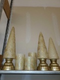 SHELF LOT OF MISC ITEMS, BATTERY OPERATED CANDLES, AND CANDLE TREES VARIED SIZES. INCLUDES A 2 TONE