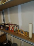 SHELF LOT OF MISC ITEMS, 5 GOLD PAINTED PITCHERS, VARIED SIZES, 3 HAVE BLUE DETAILING, 1 HAS TAN