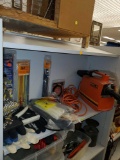 SHELF LOT OF MISC ITEMS, ZIP TIES, HOOVER HEAVY DUTY, MISC GLOVES, STEEL WOOL, ETC.