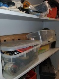 SHELF LOT OF MISC ITEMS, CONTAINER OF STRECH CORDS, RATCHET STRAPS, MEASURING TOOLS, RAZOR, FS 800/2