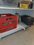 SHELF LOT OF MISC ITEMS, GREY TOOL BOX WITH CONTENTS, ROUNDUP EXTENDED CONTROL, AND A RED CRATE OF