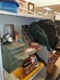 SHELF LOT OF MISC ITEMS, ROLL OF SAND PAPER, 2 LAPTOP BAGS, PLASTIC FILE/MAGAZINE DIVIDERS, AND A