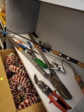 SHELF LOT OF MISC ITEMS, WIESS M6, FISHING ROD, LIMB CUTTER, SHOWER POLE FOR HOSE, W GERMANY SNIPS,