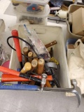 TOTE LOT OF MISC ITEMS, MISC HAMMERS, ESTWING HAMMER, VAUGHAN HAMMER, COOPER TOOLS PLUMB PERMABOND