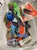 SMALL CLEAR STORAGE CONTAINER FILLED MISC ITEMS, OEM INDUSTRIAL BRUSH, SLIME VALVE EXTENDERS HEEL