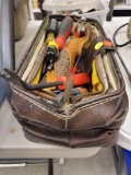 2 LEATHER TOOL BAGS, 1 IS FILLED WITH MISC TOOLS, SCISSORS, EXTENDING MAGNET TOOL RETRIEVER, MISC