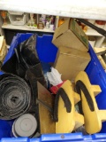 BLUE TOTE LOT OF MISC ITEMS, LARGE TRASH BAGS, MINI AIR HORN, METAL PLATE, PAINT BRUSHES, WOOD