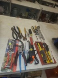 LOT OF MISC TOOLS, FELCO PIPE CUTTER. GARDNER BENDER CIRCUIT ALERT, 212 CHANNEL LOCKS, MIT WIRE