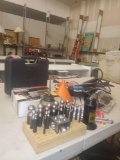 LOT OF MISC TOOLS, OIL CANS, DOMING BLOCK KIT, FUNNEL, METABO CRESTOLOY ADJUSTABLE WRENCH, HEX