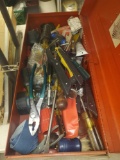 RED TOOL BOX FILLED WITH MISC TOOLS, SCREWDRIVERS, DIAMOND HI8 WRENCH, CONDUCTITE, ETC.