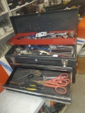 GREY TOOL BOX FILLED WITH MISC TOOLS, SCREWDRIVERS, FILES, CHISELS, SOCKET SET, ADJUSTABLE WRENCHES,