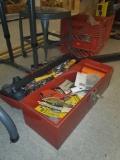 RED TOOLBOX OF MISC ITEMS, DRILL BITS, HOLE SAW BITS, MIDGET WRENCH SET, PLUG CUTTER. GREAT NECK