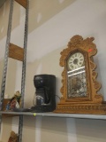 SHELF LOT OF MISC ITEMS L, ANTIQUE OAK GINGERBREAD WORKS MANTLE CLOCK, MISSING THE HANDS, 22 1/2