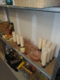 SHELF LOT OF MISC ITEMS, LARGE QUANTITY OF 27 CANDLES, SOME DIFFERENT TYPES, AND A SET OF PINK