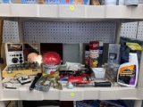 SHELF LOT OF ASSORTED TO INCLUDE CRAFTSMAN POWDER COATING MATERIAL IN COLORS RED BLUE AND GREEN,