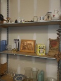 SHELF LOT OF MISC ITEMS. PLANTERS BURLAP SACK FILLED WITH FLUFF, EGGSTRACTOR, UNITED WE STAND COPPER