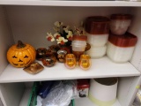 SHELF LOT TO INCLUDE A DECORATIVE PUMPKIN CANDLE HOLDER, SM. DECORATIVE GLASS PUMPKIN VOTIVE