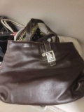 SHELF LOT OF 12 ASSORTED LADIES HANDBAGS. BRANDS INCLUDE: LAUREN, LA REGALE, KATE SPADE, ST. JOHN'S