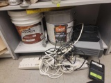 SHELF LOT OF ASSORTED ITEMS TO INCLUDE: 4.68 GAL BUCKET OF OLYMPIC MAXIMUM WHITE BASE STAIN &