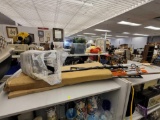 SHELF LOT OF ASSORTED DRIVEWAY MARKERS. INCLUDES 2 BOXES, A WOODEN CANE AND AN OUTDOOR LANTERN.