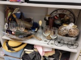 SHELF LOT TO INCLUDE LARGE CAST IRON FRYING PAN (RUSTED), SET OF 4 GLASS STEMS, WELCOME TO OUR COOP