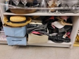 SHELF LOT TO INCLUDE A CURL MASTER HAIR CURLER, WOMENS HATS AND SHOES, HAIR BANDS, GLOVES, DISH