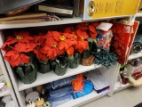 SHELF LOT TO INCLUDE 6 FAUX. POINSETTIA PLANTS, A PACK OF 9 FT. 50 LIGHT PRE-LIT GARLAND, CHRISTMAS