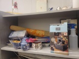 SHELF LOT OF ASSORTED ITEMS TO INCLUDE: SARAH PEYTON CORDLESS MEDITATION FOUNTAIN, SPRAY BOTTLE,